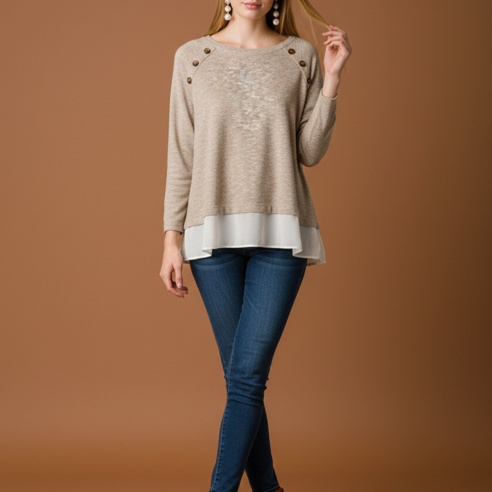 Zac & Rachel Beige Button-Accent Blouse